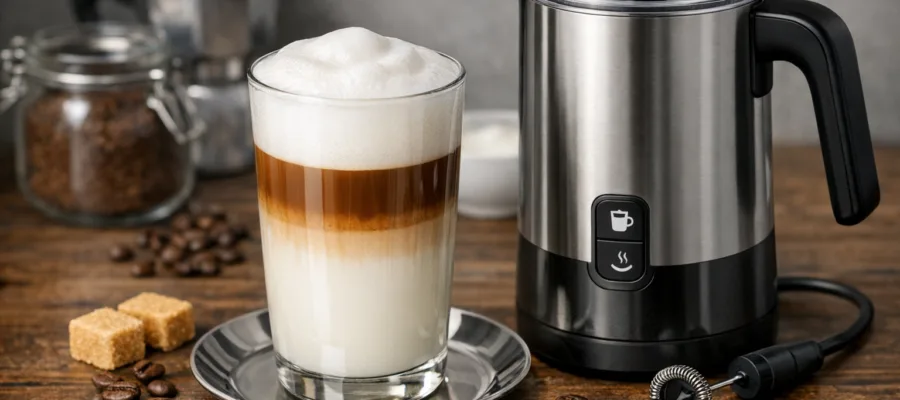 Latte Macchiato mit Milchaufschaeumer: geschichteter Genuss