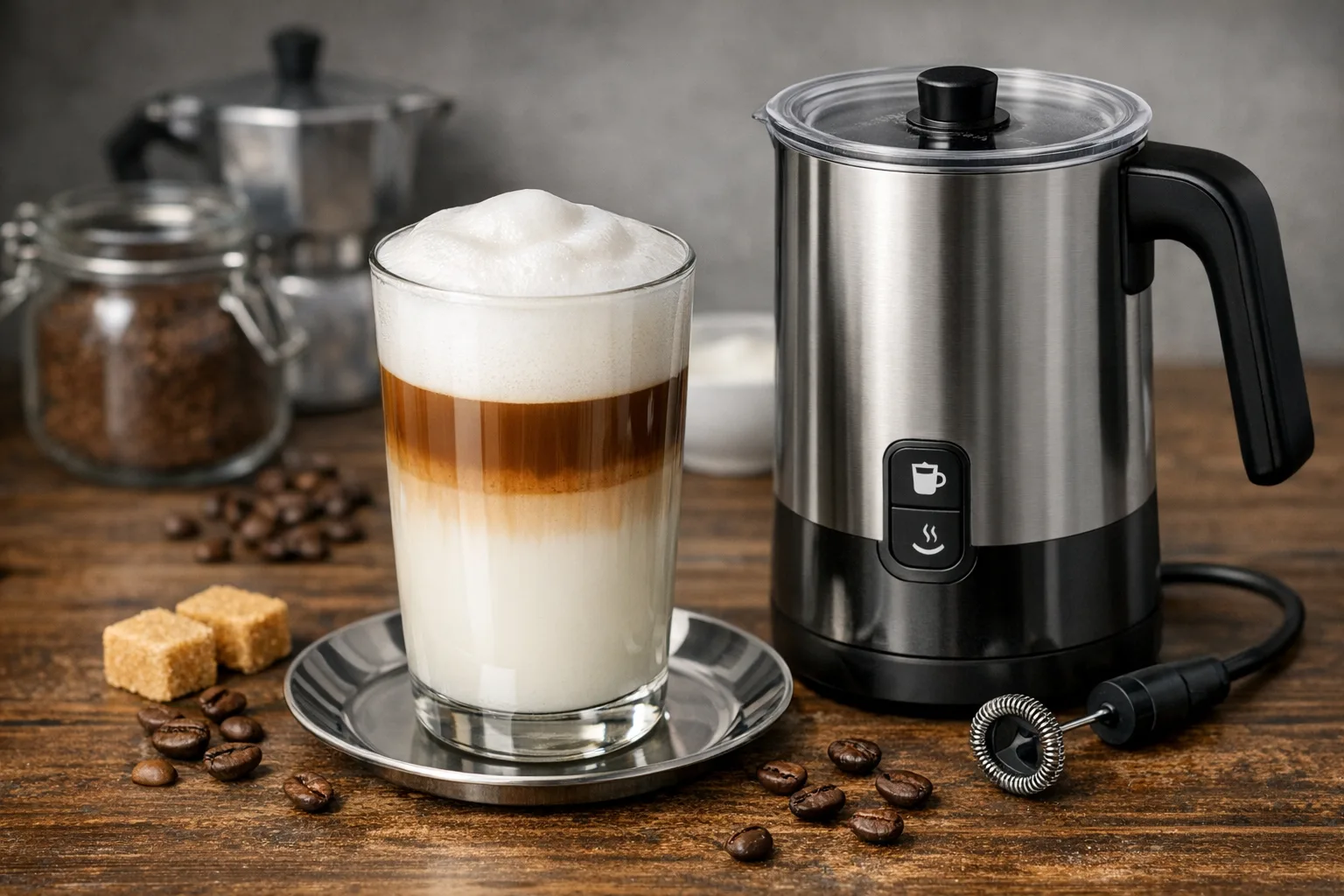 Latte Macchiato mit Milchaufschaeumer: geschichteter Genuss
