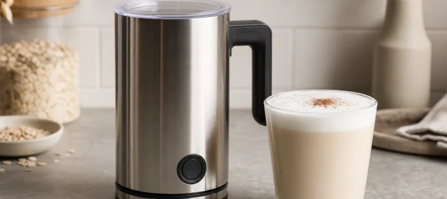 Hafermilch-Latte mit Milchaufschaeumer: samtig vegan