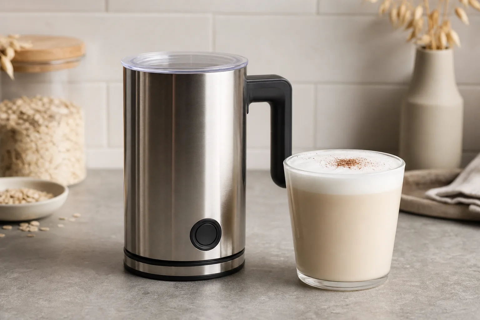 Hafermilch-Latte mit Milchaufschaeumer: samtig vegan