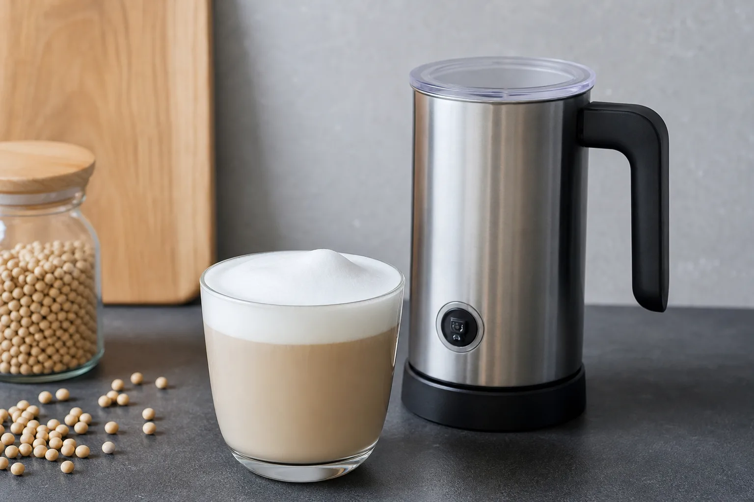 Sojamilch-Latte mit Milchaufschaeumer: stabiler Schaum
